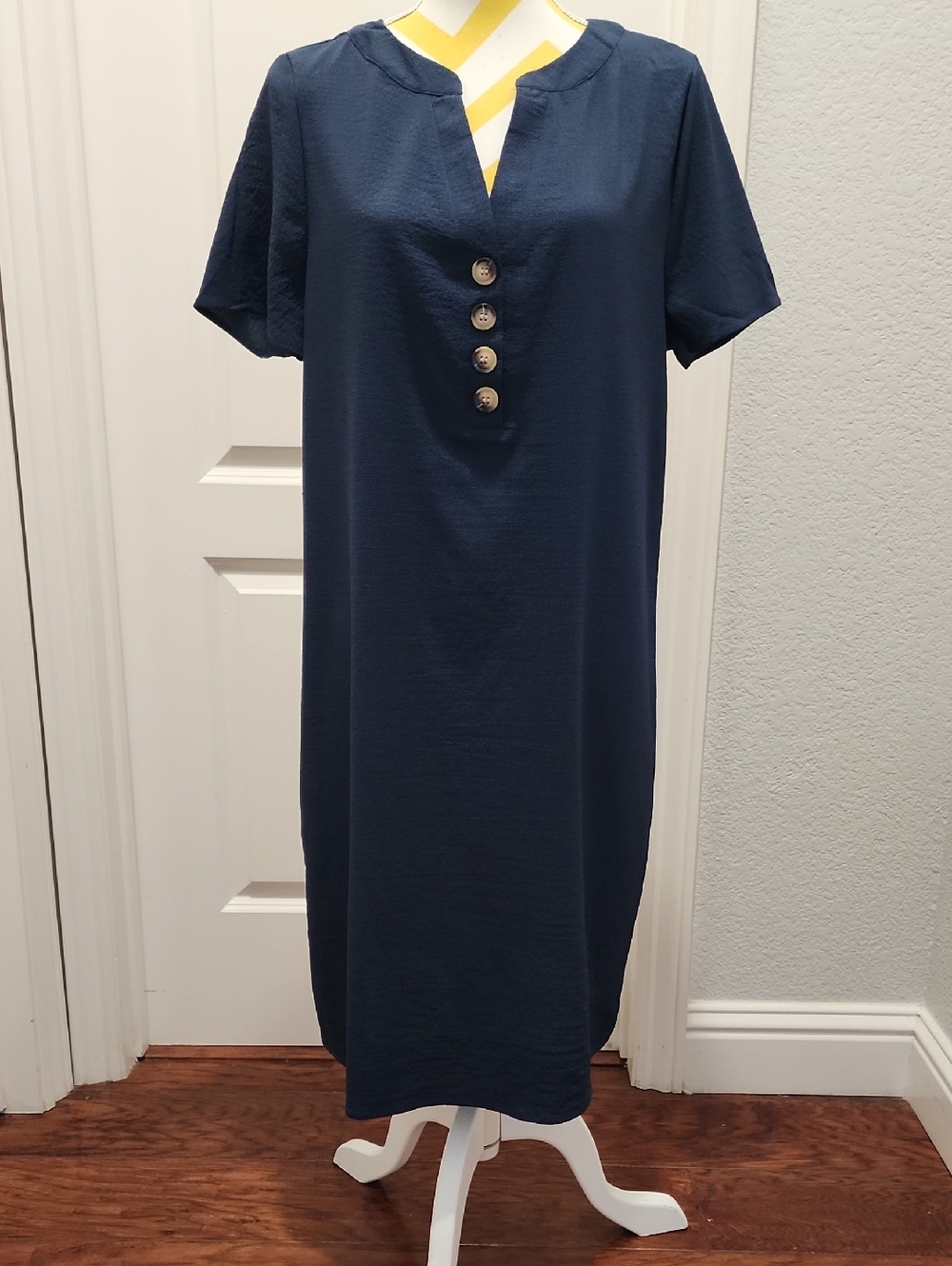 Navy Button-Front Short Sleeve Shift Dress